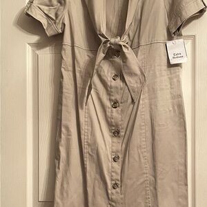 Beige Button-Down Dress with Tie Front